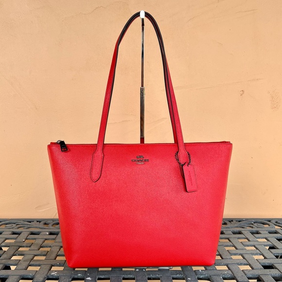 Coach Medium Top Zip Cross Grained Leather Shoulder Tote Bag MIAMI Red - Picture 1 of 11
